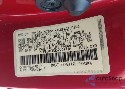 2013 Toyota Corolla S из США, поврежденный, VIN 5YFBU4EE2DP220776